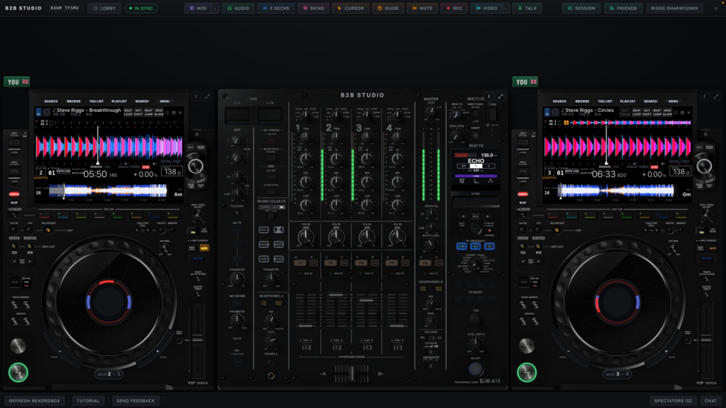 B2B Studio virtual DJ decks and mixer for online back-to-back DJ sets